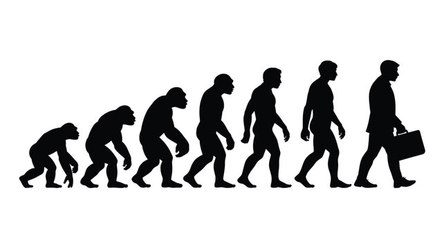 Evolution of humanity vector illustration showing progression from ape to modern man carrying briefcase