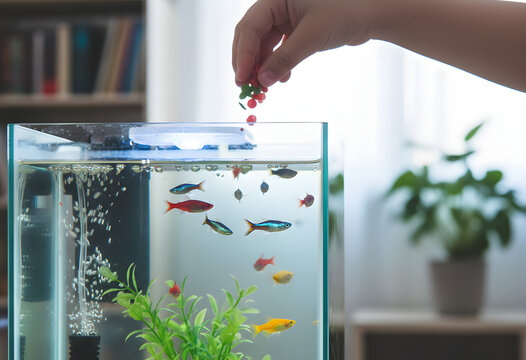 Hand feeding colorful tropical fish in a glass home aquarium