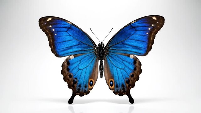 A beautiful blue butterfly and colorful monarch insect with vibrant wings are isolated on a white background in this macro nature closeup