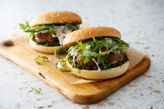 Lamb burger with rocket pesto