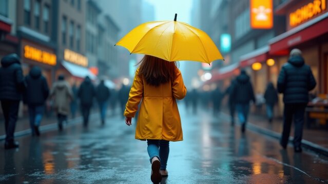 Woman with yallow umbrella walking on the city street under the rain
