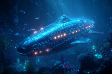 Fototapeta premium Futuristic Submarine Explores Deep Sea With Glowing Lights and Bioluminescent Creatures in Sci-Fi Environment