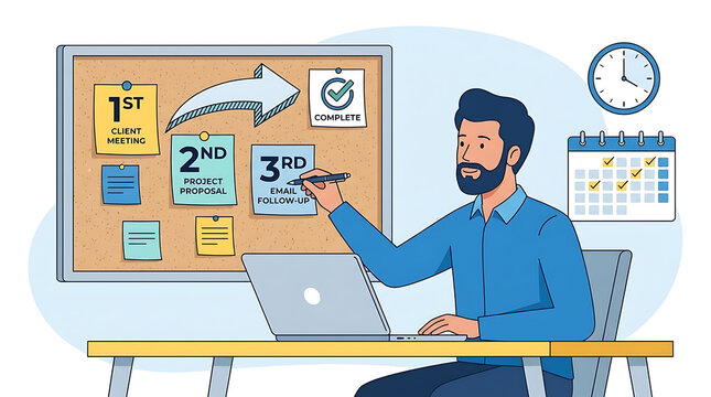 Young professional entrepreneur businessman organizing work priority task management list using numbered sticky note for effective schedule planning and productivity optimization strategy office.