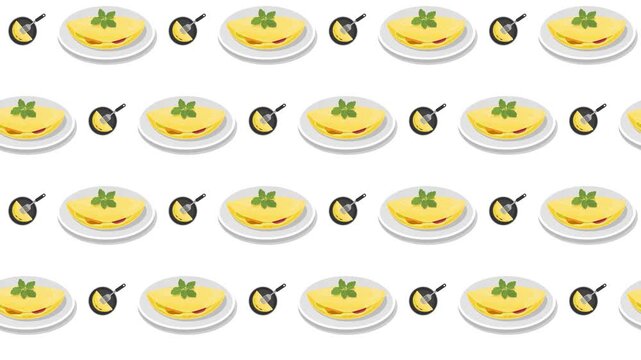 Omelets in Frying Pan and Plate Seamless Pattern Background, breakfast and egg cooking concept.