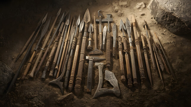 A diverse collection of ancient and medieval weapons and tools displayed on a dark, textured surface.