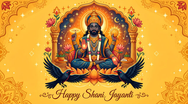 Happy shani jayanti diwas hindu festival celebration greeting wishes poster crow vector