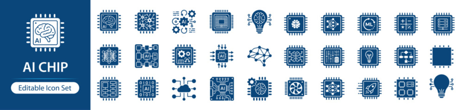 AI Chip Solid Icon Set, Artificial Intelligence Processor and Neural Network Chip Icons for Machine Learning, Data Processing, Semiconductor Hardware and Technology UI UX Interface