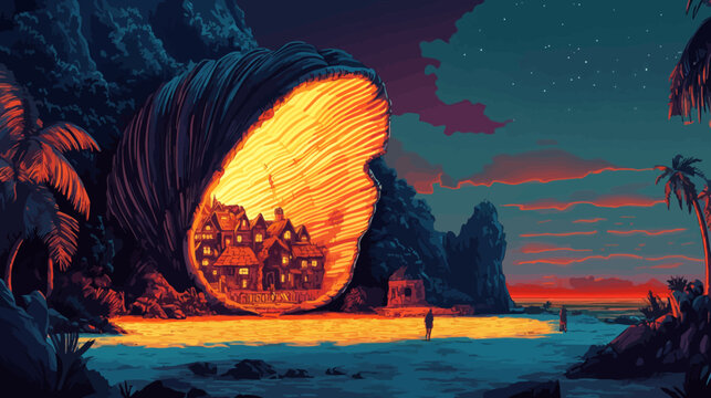 A fantasy scene of a village inside a large shell on a beach at sunset, with figures