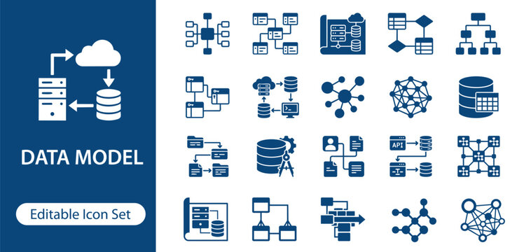 Data Model Solid Icon Set, Data Modeling and Database Structure Icons for Schema Design, Entity Relationship, Data Architecture, System Mapping and Analytics UI UX Interface