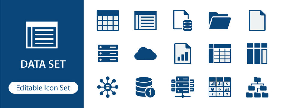 Data Set Solid Icon Set Collection, Database Analytics Technology Symbols, Information Storage Processing Visualization Icons for Dashboard Software Interface Web App UI UX Digital System Design