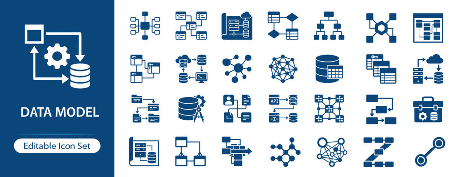 Data Model Solid Icon Set, Database Structure and Data Modeling Icons for Schema Design, Entity Relationship, Table Structure and System Architecture UI UX Interface Technology Icons