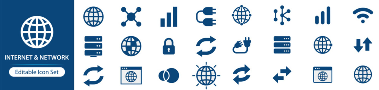 Internet and Network Solid Icon Set, Connectivity and Communication Icons for Data Transfer, Wireless Network, Server Infrastructure, Cloud Computing and Digital Technology UI UX Interface