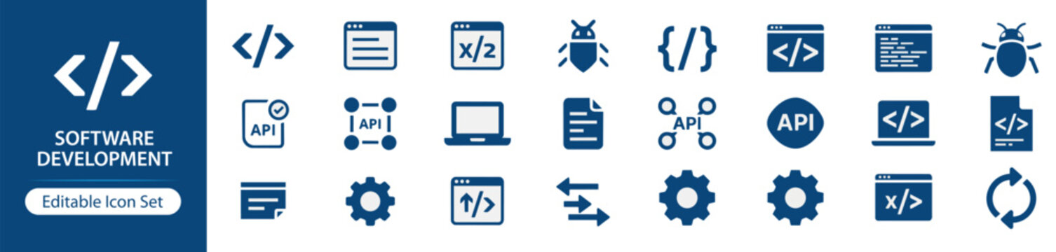 Software Development Solid Icon Set, Coding and Programming Icons for Web Development, App Development, Debugging, API Integration, DevOps Workflow and Technology UI UX Interface