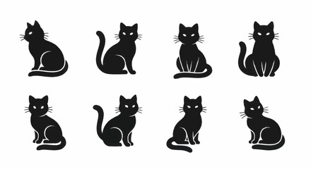 Collection of black cat silhouettes in various poses, featuring feline elegance and mystery. © Faiz