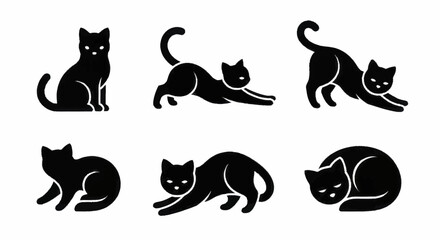 Collection of black cat silhouettes in various poses, feline animals. © Faiz