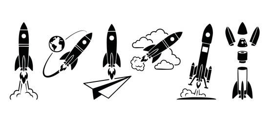 Rocket Ship Icon Set, Black Silhouette Spaceship Launching Symbols for Space Exploration, Startup Business Growth, Innovation and Technology Vector Illustration Collection on White Background © Fernando
