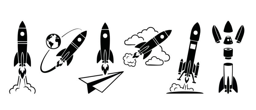 Rocket Ship Icon Set, Black Silhouette Spaceship Launching Symbols for Space Exploration, Startup Business Growth, Innovation and Technology Vector Illustration Collection on White Background