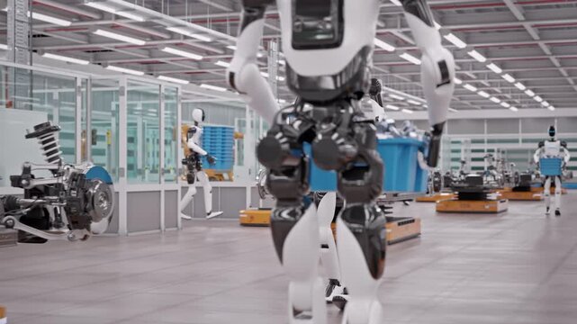 AI-powered Humanoid Robot Walking and Carrying Crates with Lithium-Ion Battery Modules in an Fully Automated Car Factory. Robotic Arms Assembling Electric Cars in the Background. 3d animation render
