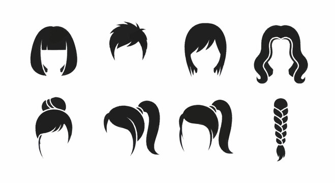 Collection of diverse female hairstyles and haircuts in black silhouette.