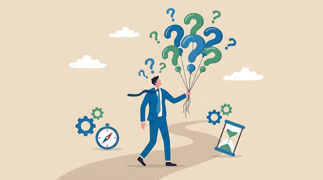 Pensive businessman holding floating question mark balloon searching for innovative solution and logical answer amidst uncertainty curiosity and complex problem solving questionnaire concept.