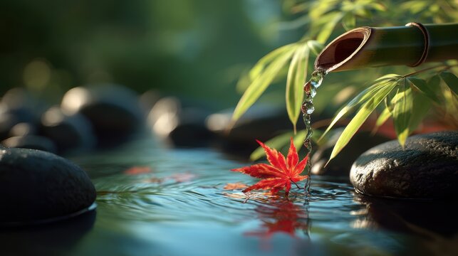 Zen Buddhism, meditation, inner peace, Chinese Japanese Asian tradition. Therapy stress release treatment, health lifestyle. A tranquil scene of a Japanese garden, with a red maple leaf in the water.