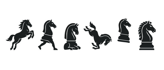 Fototapeta premium Chess Knight Horse Icons Set, Black Silhouette Figures in Different Poses, Strategy Game Pieces, Flat Vector Illustration for Design, Logo, Board Games, Intellectual Sport Competition Elements Isolate