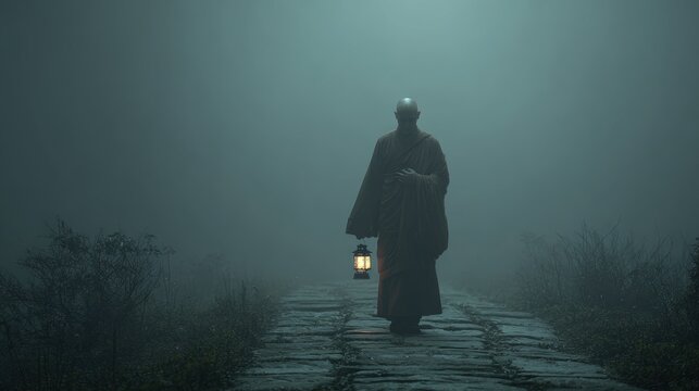 Zen Buddhism, meditation, inner peace, Chinese Japanese Asian tradition. Therapy stress release treatment, health lifestyle. A monk standing in a misty path, illuminated by a lantern held in his hand.