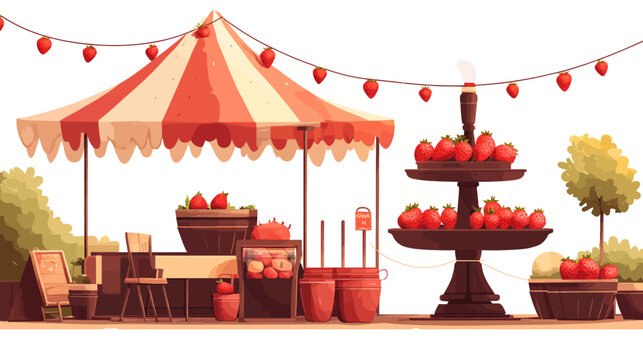Illustration of a fruit stand decorated with strawberries and hanging lights, simple style