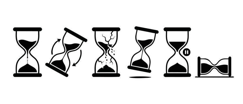 Hourglass Icon Set, Time Management Symbols with Broken, Paused, and Flipping Sandglass Timers for Business Productivity, Deadline Planning, and Urgency Concepts in Minimalist Black Flat Graphic Desig