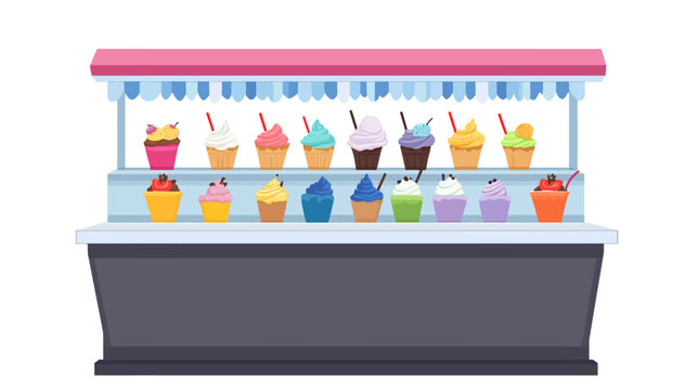 Illustration of an ice cream cart with assorted colorful frozen desserts in cups