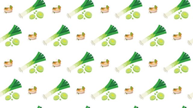 Asian Noodle Soup and Scallions Seamless Pattern Background, oriental cuisine and healthy meal concept.