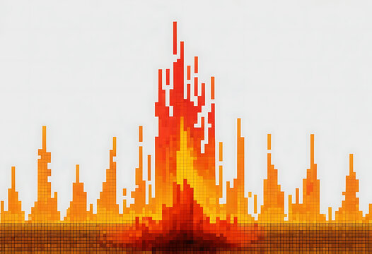Pixel fire explosion, orange and red flames on gray background