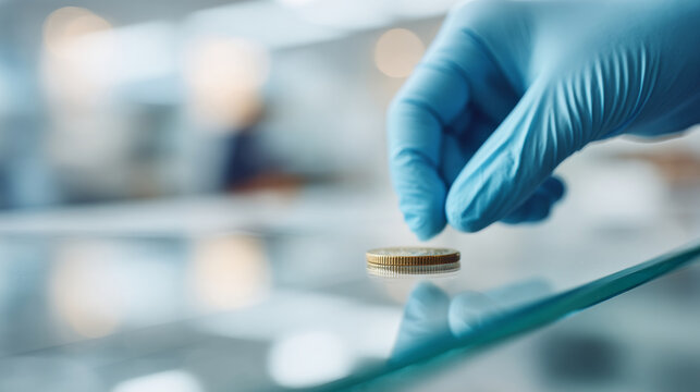 Gloved hand placing coin on glass surface