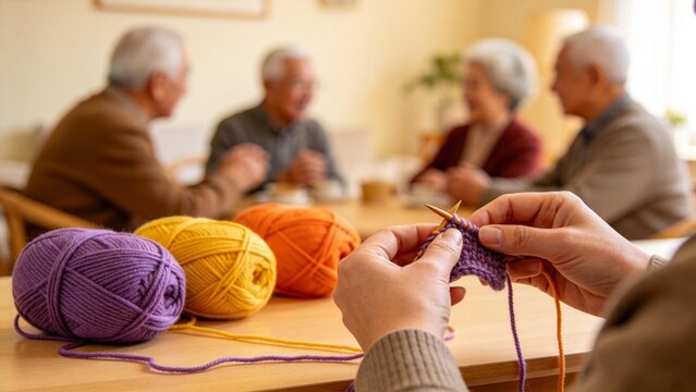 Person knitting with yarn balls