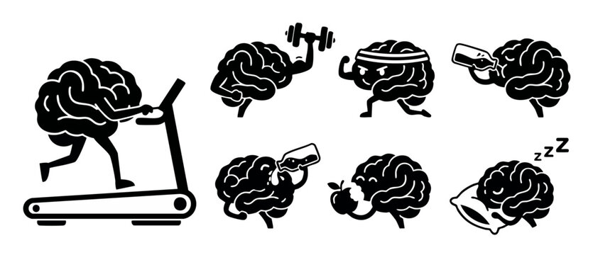 Human Brain Character Healthy Lifestyle Set, Running on Treadmill, Lifting Weights and Sleeping Icon Collection for Mental Wellness and Cognitive Fitness Concepts, Isolated Black and White Vector Illu