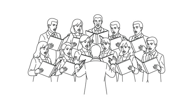 Continuous line drawing a group of people singing together.