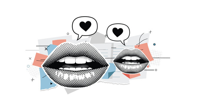 Pop art collage featuring halftone lips with speech bubbles and hearts over abstract paper scraps and various shapes.