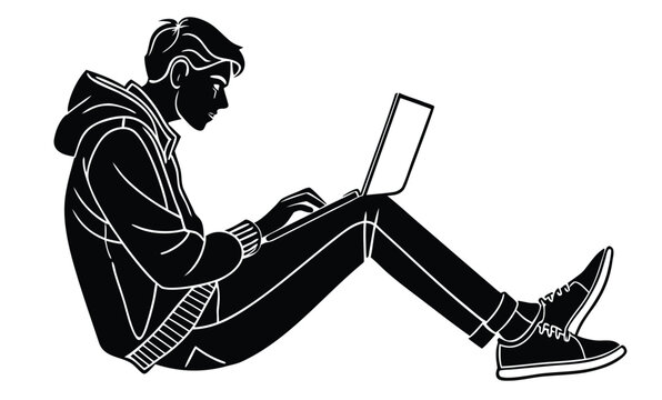 Young man in silhouette wearing a hooded jacket and sneakers sitting cross legged while typing on a modern laptop computer isolated on a clean white background conveying focus