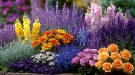 Obraz premium Spring season, garden, flower, fresh, life. A vibrant garden filled with a variety of flowers, including roses, daisies, and other blooms, set against a blurred background.