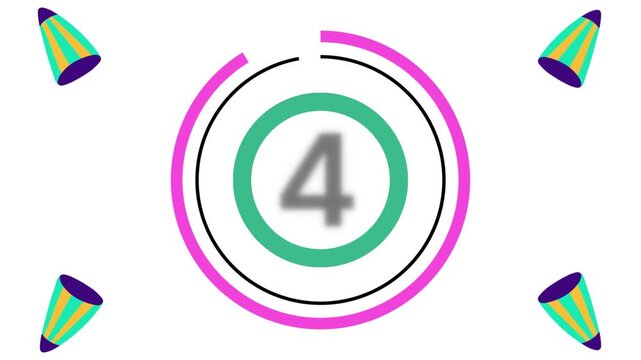 Colorful 5-second countdown animation with party poppers and festive motion graphics on white background.