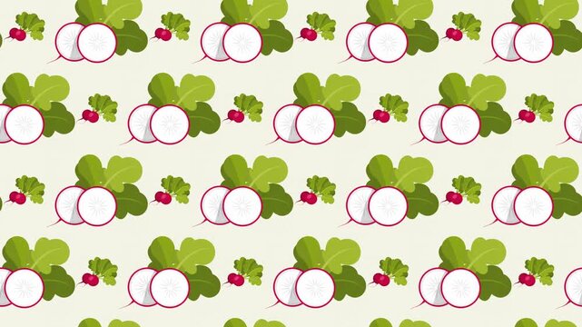 Red Radishes with Green Leaves Seamless Pattern Background, fresh garden vegetable and salad concept.