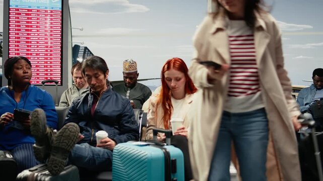Multiethnic tourists in airport use devices, waiting for plane arrival after flight delay. Passengers pass time with mobile phones during cancelled flights disruption, flying to destination, camera A