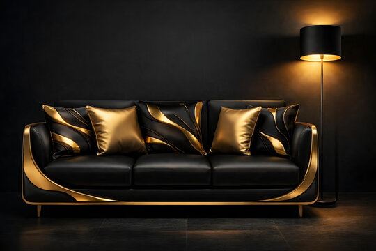 Golden and black sofa with floor lamp 