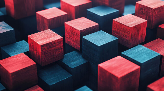 Abstract red and blue wooden cubes arranged in dynamic three dimensional geometric background