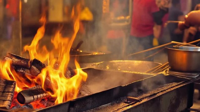 Street vendor atmosphere with smoke, fire and bright warm colors