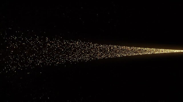 Golden particle beam converging into bright light source abstract luxury motion trail on dark background elegant futuristic energy flow with glowing dust and dynamic perspective