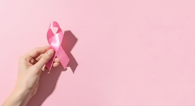 A hand holding a pink ribbon on a pink background for breast cancer awareness campaign
