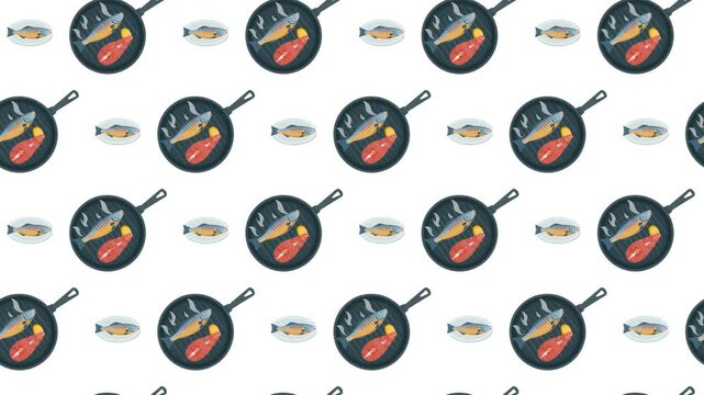 Cooked Fish on Plate and Frying Pan Seamless Pattern Background, seafood and healthy protein concept.