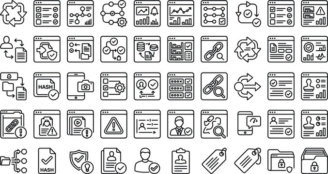 Data security and verification icon set featuring authentication hashing encryption compliance systems and modern outline vector UI symbols collection