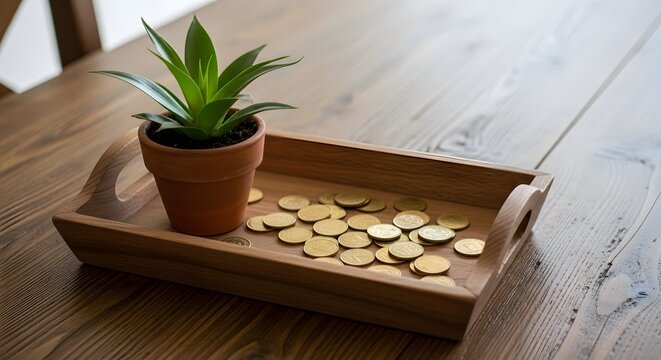 Small green plant in a terracotta pot next to a scattering of gold coins on a rustic wooden tray, symbolizing financial investment, savings, and organic growth on a wooden table